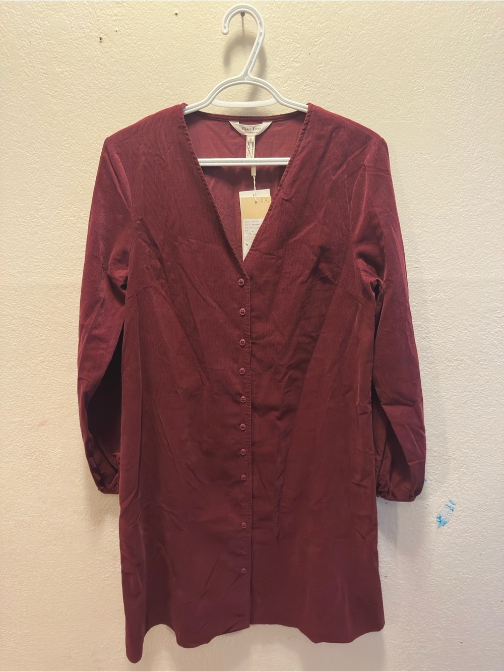 Long-Sleeve V-Neck Button Dress in Burgundy